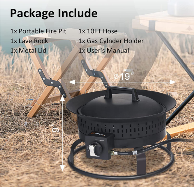 19'' Fire Bowl Outdoor Portable Propane Gas Fire Pit for Camping for Outside with Carry Handle