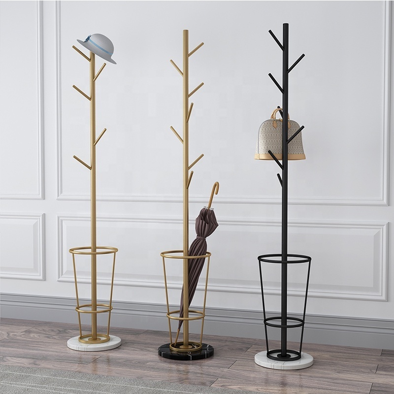 2023 New Arrival Marble Base Gold Umbrella Stand Bedroom Floor Coat Hanger Storage Tree Racks With Umbrella Holder