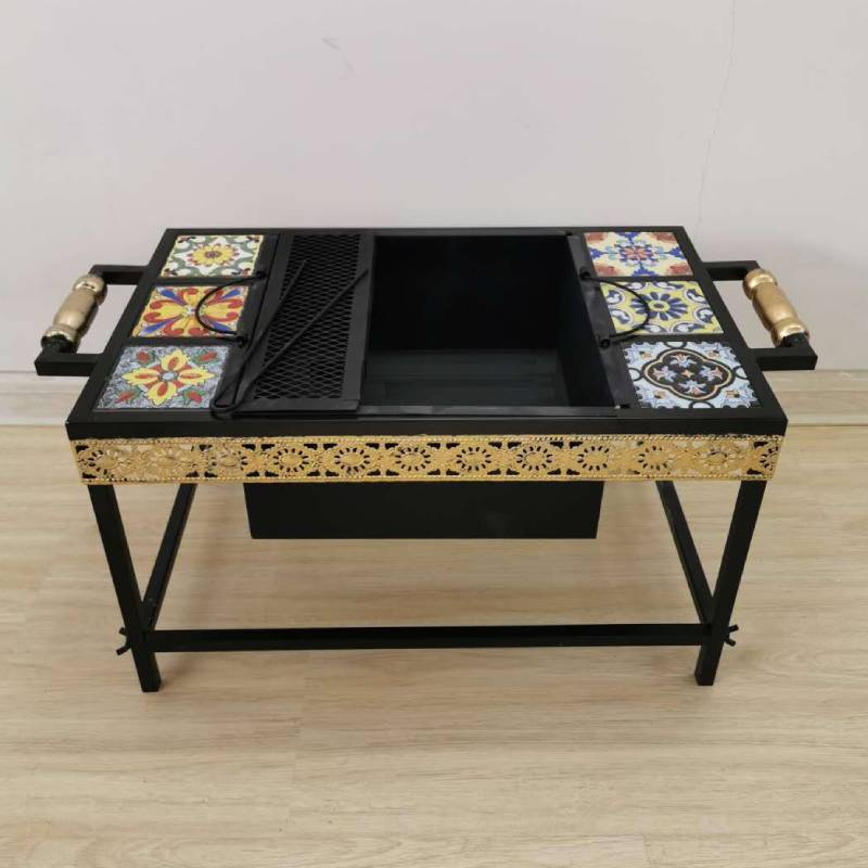 Garden Rectangle Barbecue Table Fire Pit Patio Steel Table BBQ Grill with Mosaic Ceramic Tile Wood Fuel Heater