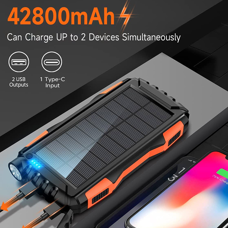 High Capacity 42800mAh 30000mAh 36000mAh 27000mAh 25000mAh Solar Power Bank With Wireless Charging Emergency LED Lamp Light