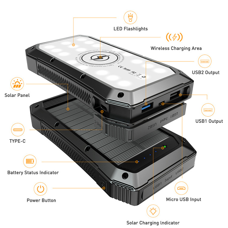 Wholesale Outdoor 10000mAh 20000mAh Waterproof Solar Charger Wireless Portable Power Bank For iphone cell mobile phone