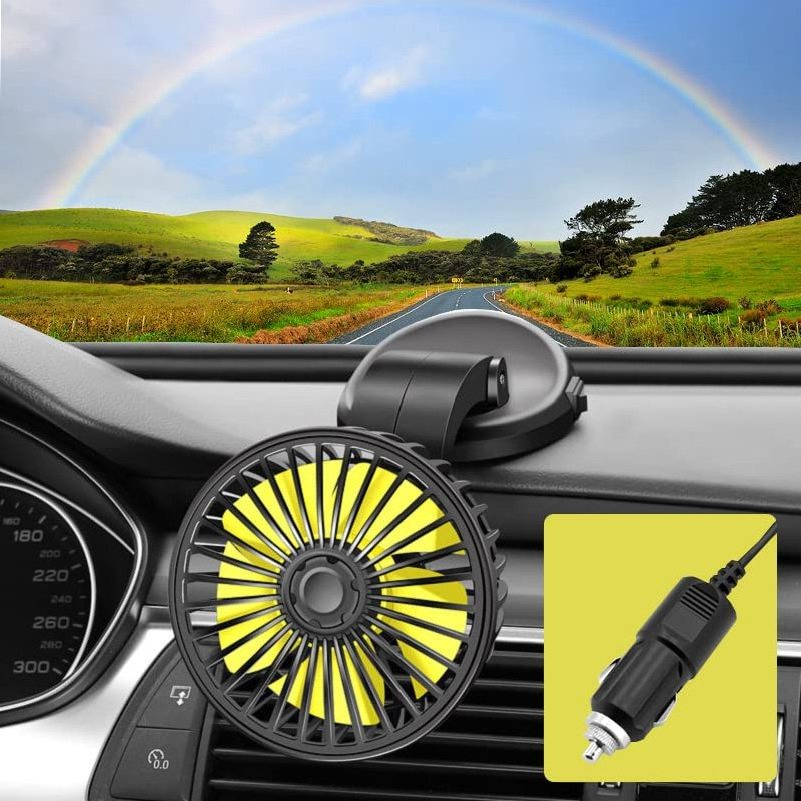 12V Portable Auto Cooling Fan 360 Degree Rotatable Vehicle Fan with Cigarette Lighter Plug for Car Dashboard Truck SUV