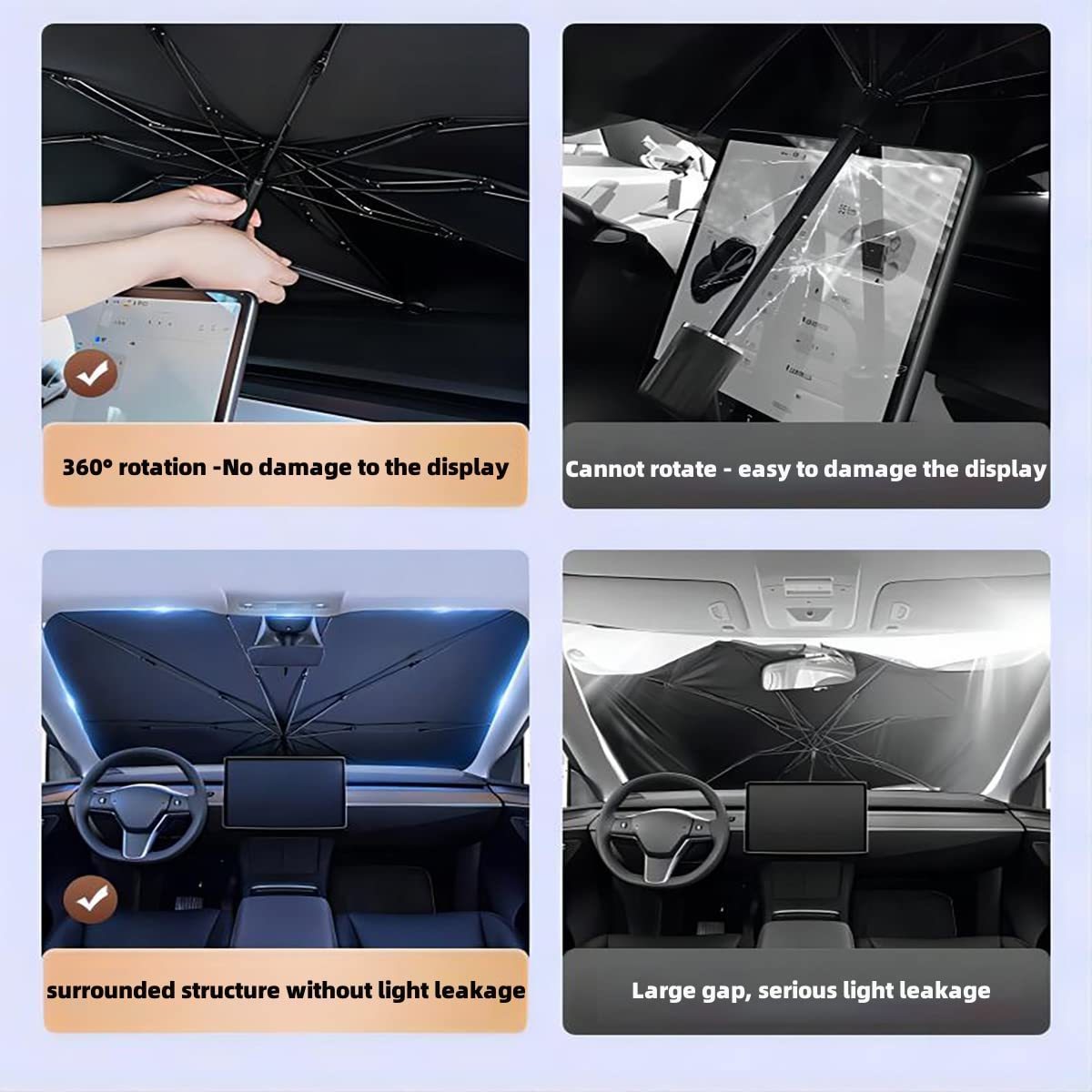 Car Windshield Sun Shade Umbrella for Tesla Model 3/Y Car Front Windshield with 360 Degree Rotation Bendable Handle