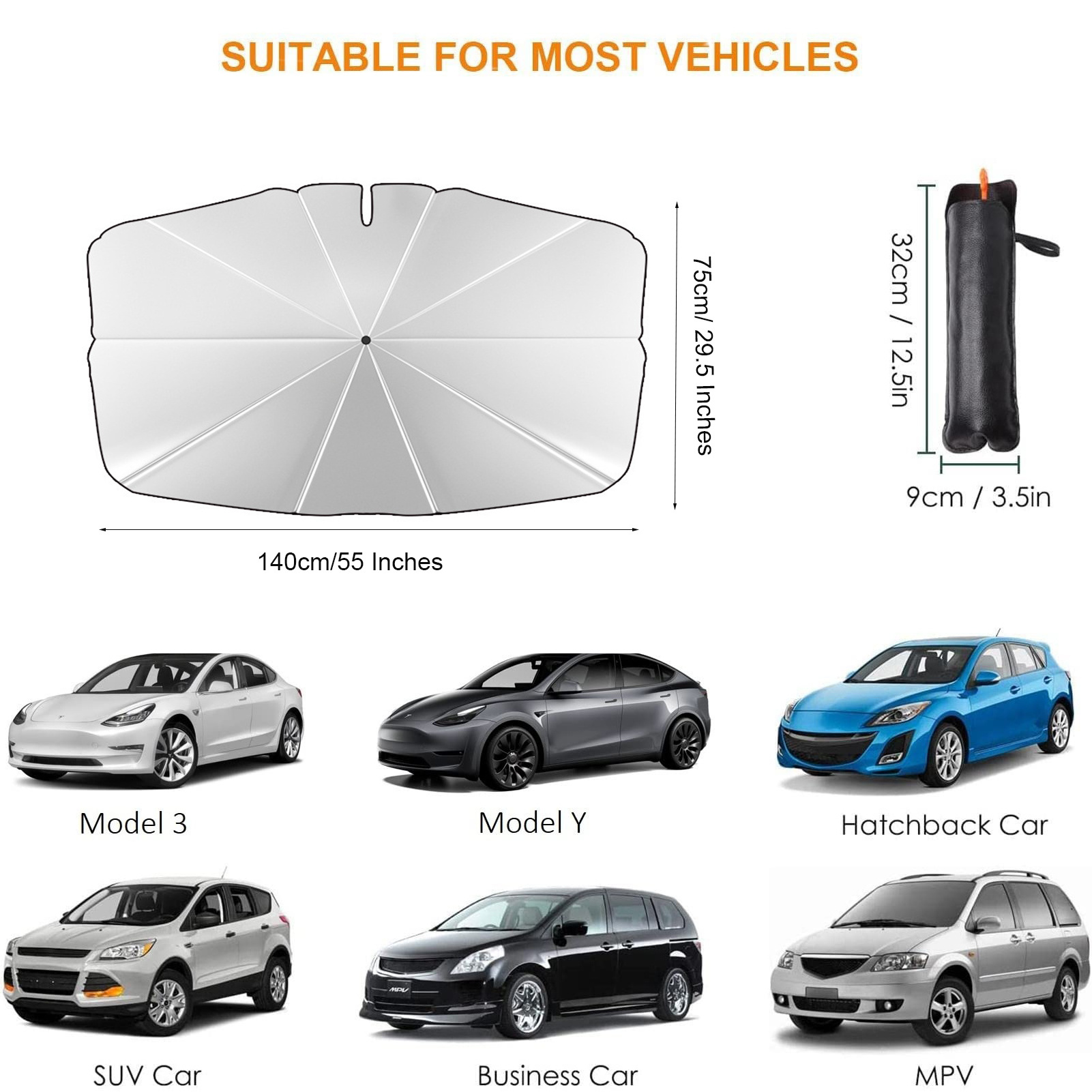 Car Windshield Sun Shade Umbrella for Tesla Model 3/Y Car Front Windshield with 360 Degree Rotation Bendable Handle