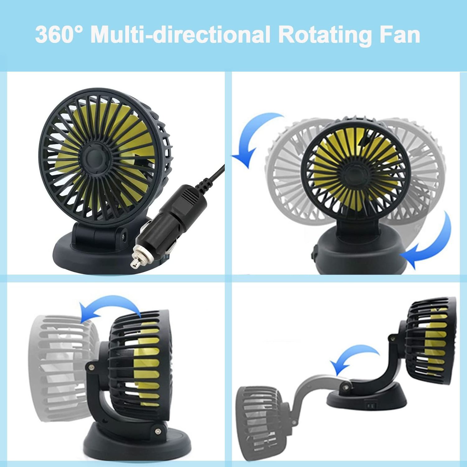 12V Portable Auto Cooling Fan 360 Degree Rotatable Vehicle Fan with Cigarette Lighter Plug for Car Dashboard Truck SUV