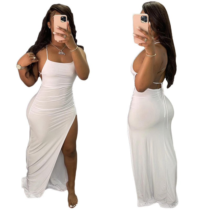 Womens Summer Dresses Bodycon Sleeveless Halter Neck Lace Up Backless Dress Beach Solid Color Split Maxi Dresses Sundress