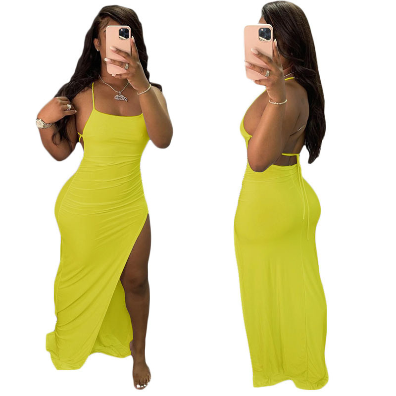 Womens Summer Dresses Bodycon Sleeveless Halter Neck Lace Up Backless Dress Beach Solid Color Split Maxi Dresses Sundress