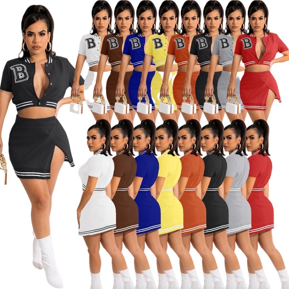 2022 Summer Casual Women Jersey Dress Two Piece Skirt Set Outfits Plus Size Crop Top Varsity Baseball Uniform 2 Piece Set Women