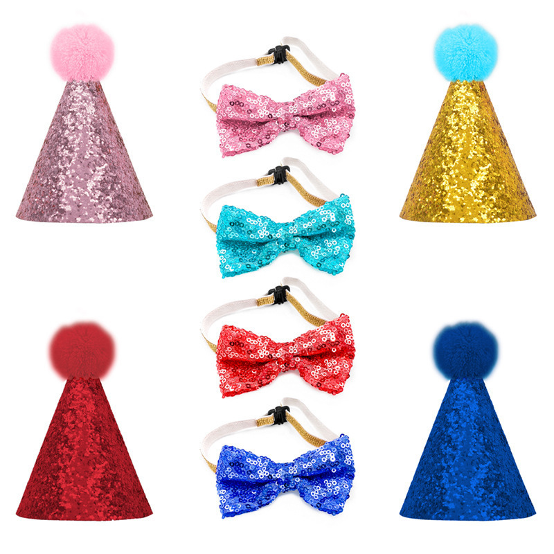 Wholesale Pet Birthday Hat and Cute Bowtie Collar Set Dog Cat Headwear Christmas Party  Topper Pet Collar Charm Accessories