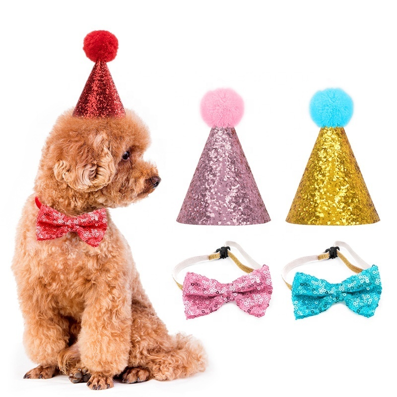 Wholesale Pet Birthday Hat and Cute Bowtie Collar Set Dog Cat Headwear Christmas Party  Topper Pet Collar Charm Accessories