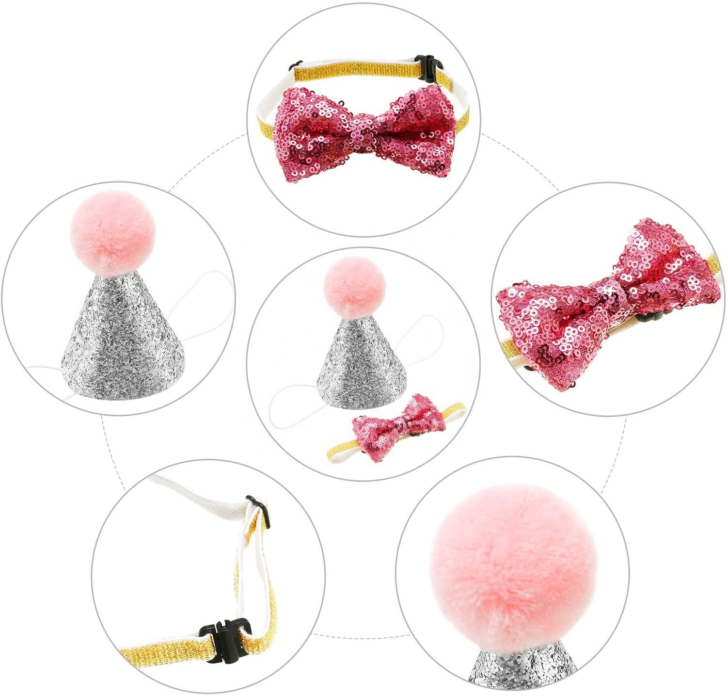 Wholesale Pet Birthday Hat and Cute Bowtie Collar Set Dog Cat Headwear Christmas Party  Topper Pet Collar Charm Accessories