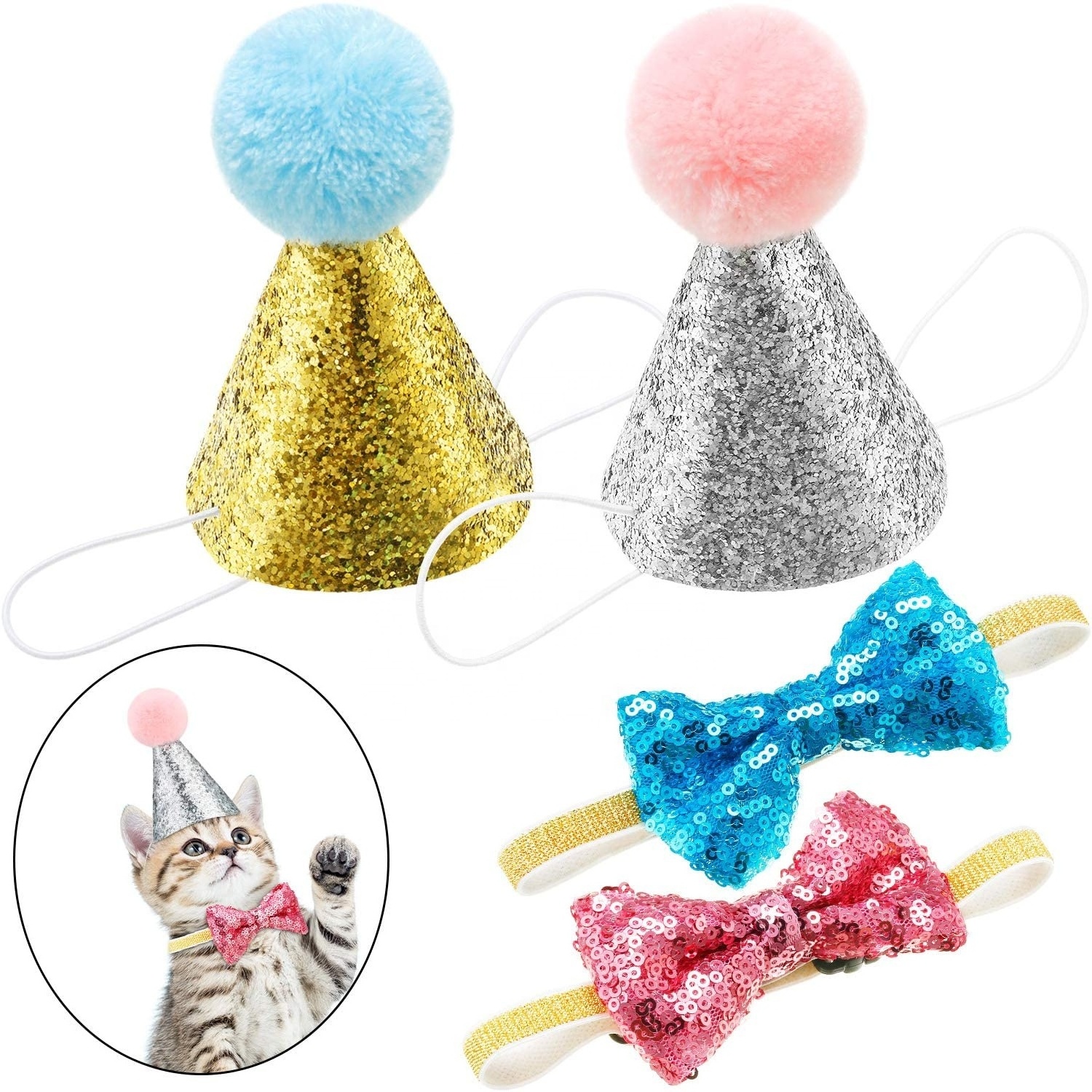 Wholesale Pet Birthday Hat and Cute Bowtie Collar Set Dog Cat Headwear Christmas Party  Topper Pet Collar Charm Accessories