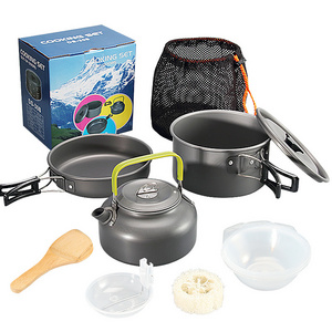 JWL  Outdoor Cooking Set Tool Pot Pan Mini Cookware Set Aluminum Camping Cooking Set Pot With Teapot