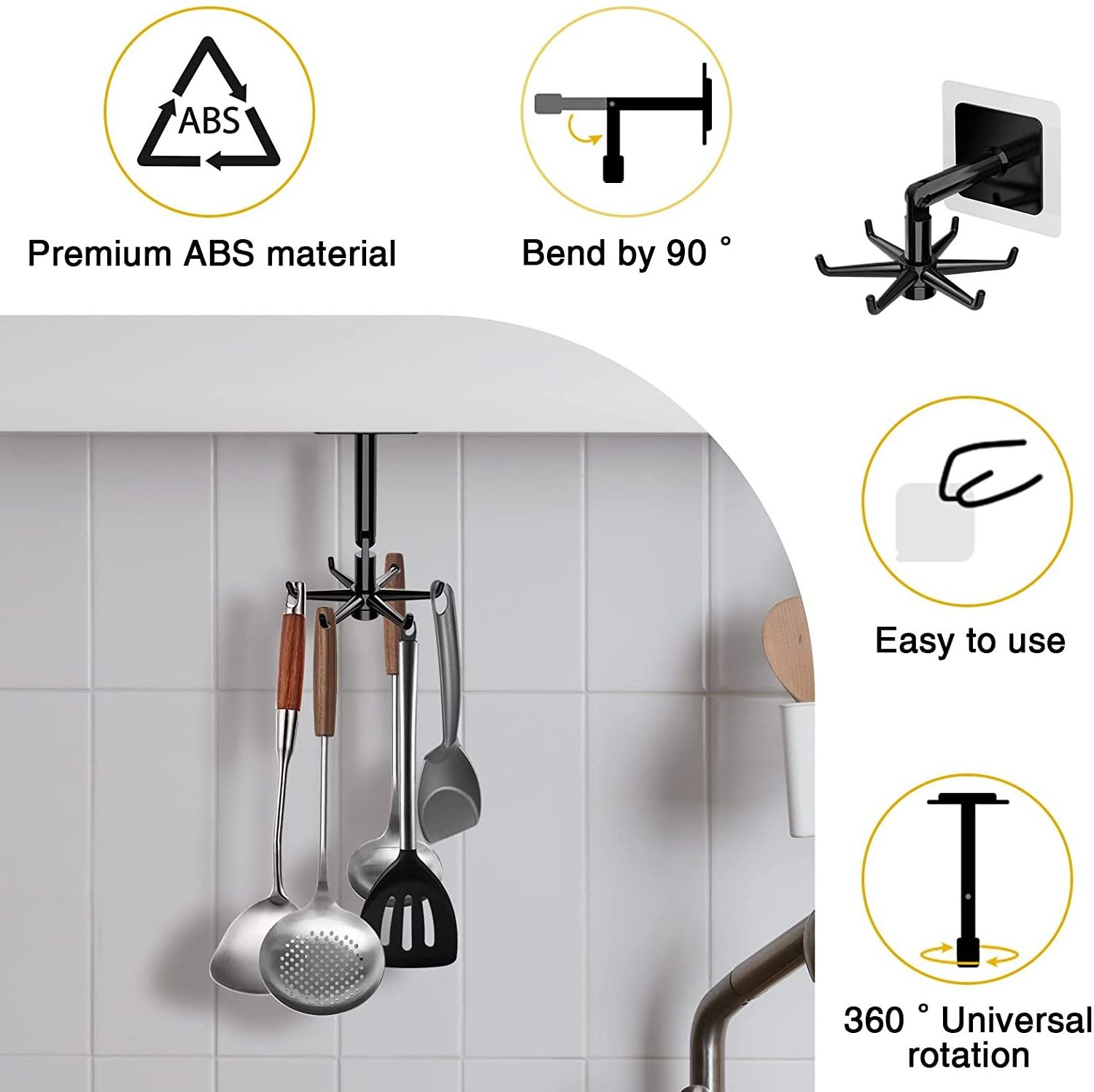 SYW 360 degrees 6 in 1 Rotating Hooks Rotatable Hanging Hook Rack With Trackless Self-adhesive Sticker