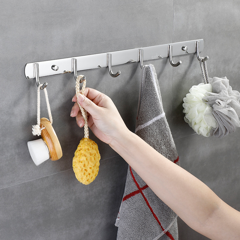 XX811 Silver Metal Multifunctional Bathroom Kitchen Heavy Duty Rack Wall Mounted Hat Towel Stainless Steel Row Coat Hanger Hook