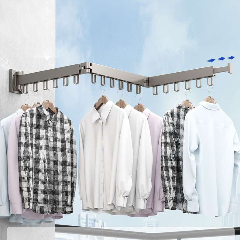 XZ Aluminum Rotatable Retractable Wall-Mounted Space Saving Indoor Laundry Room Clothes Rod Folding Clothes Drying Rack Hanger