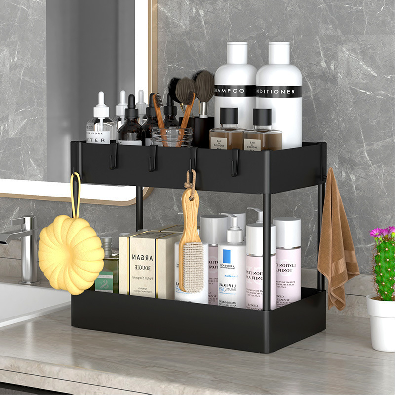 C2J447 Under kitchen Bathroom Sink Storage 2 Tier Organizer Bath Collection Baskets with Hooks, Black Under Kitchen Storage