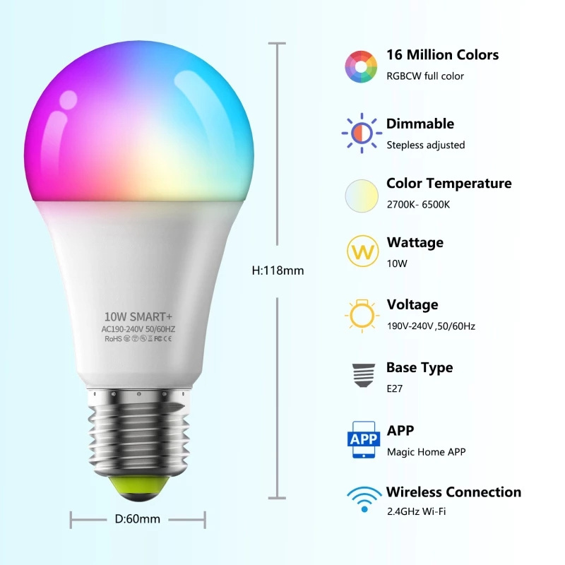 Magic Home WiFi 9W 10W Smart light bulb support Amazon Alexa and Google Home Voice controlled RGBCW Dimming E27 E26 Bulb