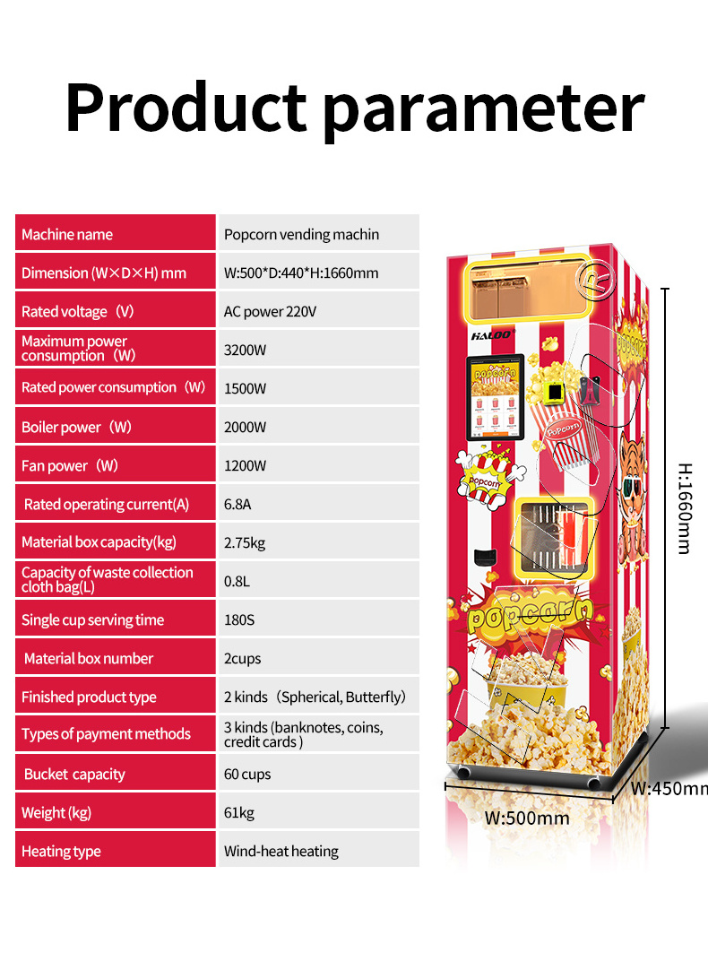 Haloo Fast Food Pop Corn Maker Automatic multi flavored Ball Shape Popcorn Vending Machine Snacks Machine