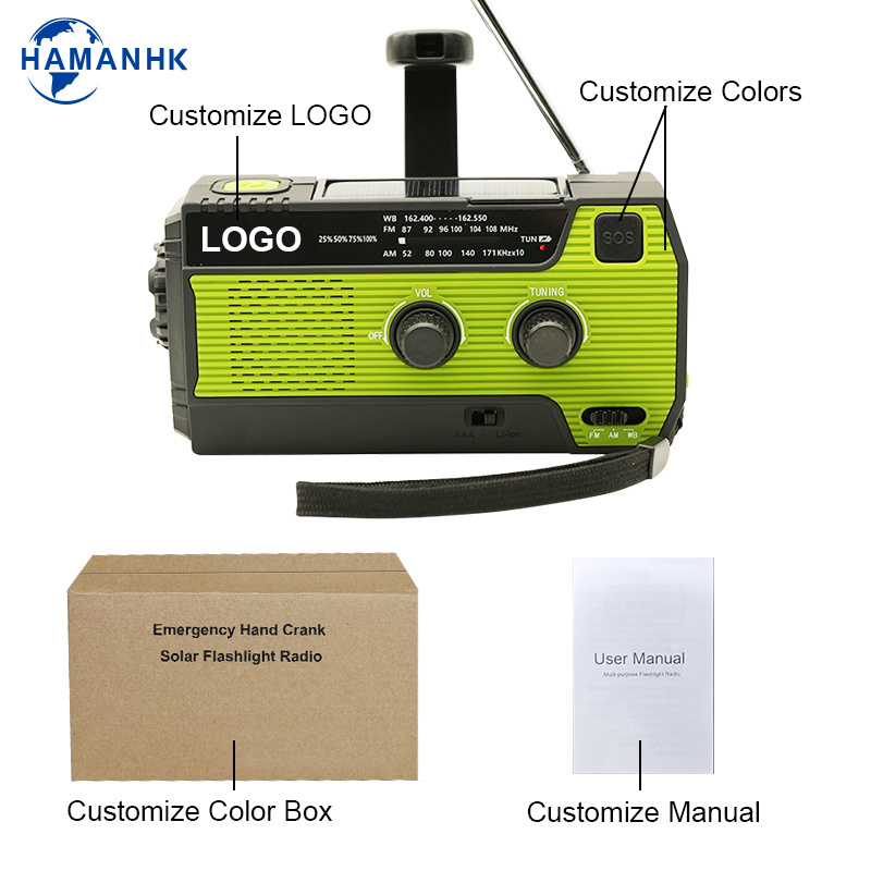 HAMAN OEM Best Emergency Radios Survival Led Flashlight Crank NOAA Weather Radio 4000mah with phone charger and generator