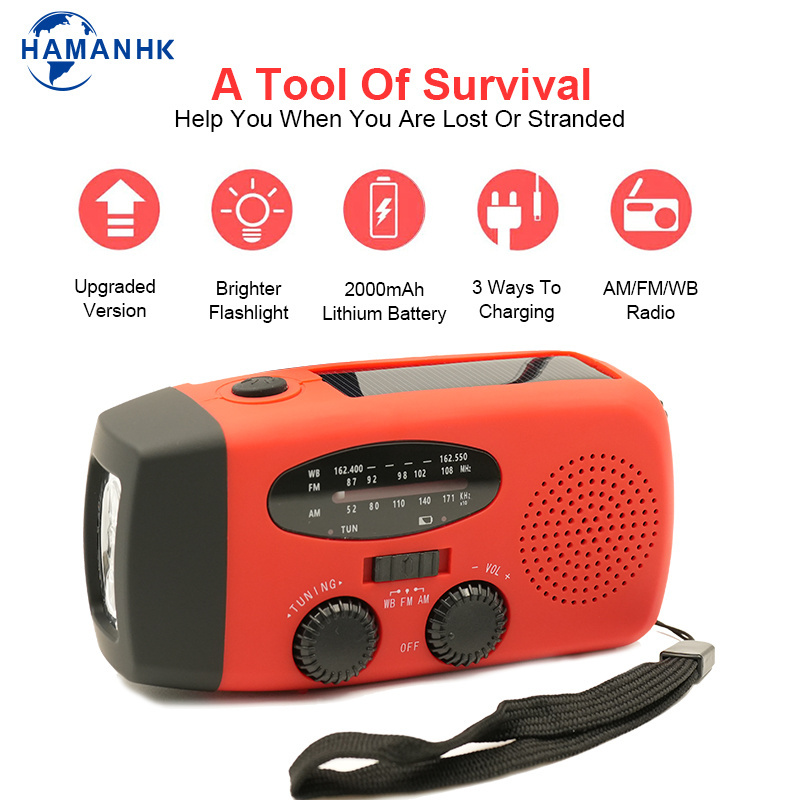 Haman Factory wholesale 2000Mah Portable mini AM FM NOAA Solar Powered Radio with hand crank solar and USB and flashlight