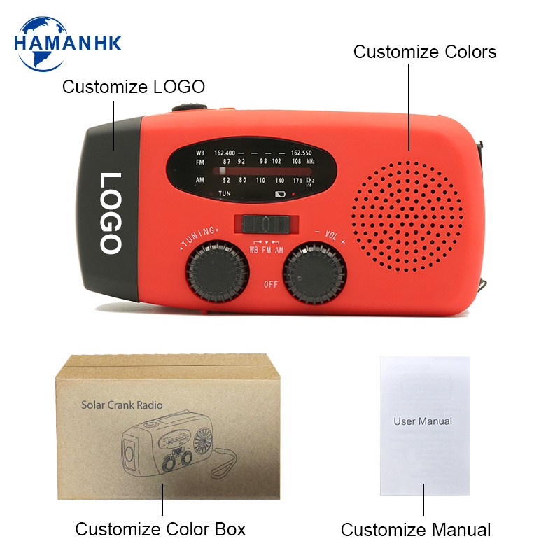 Haman Factory wholesale 2000Mah Portable mini AM FM NOAA Solar Powered Radio with hand crank solar and USB and flashlight