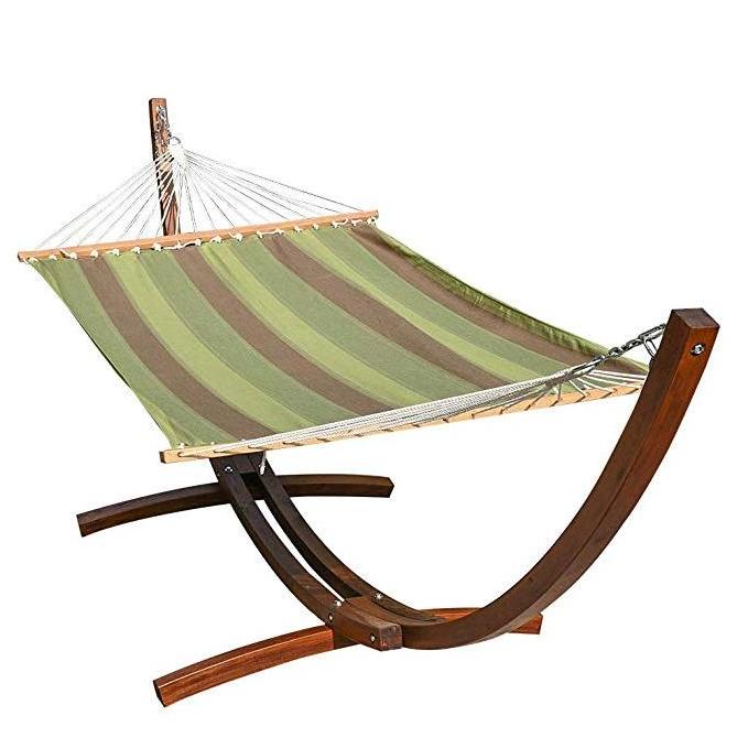 14' Wooden Arc Hammock Stand With Double Wide Bed w/Matching Pillow, Smooth Wood Water Treated Stain Finish