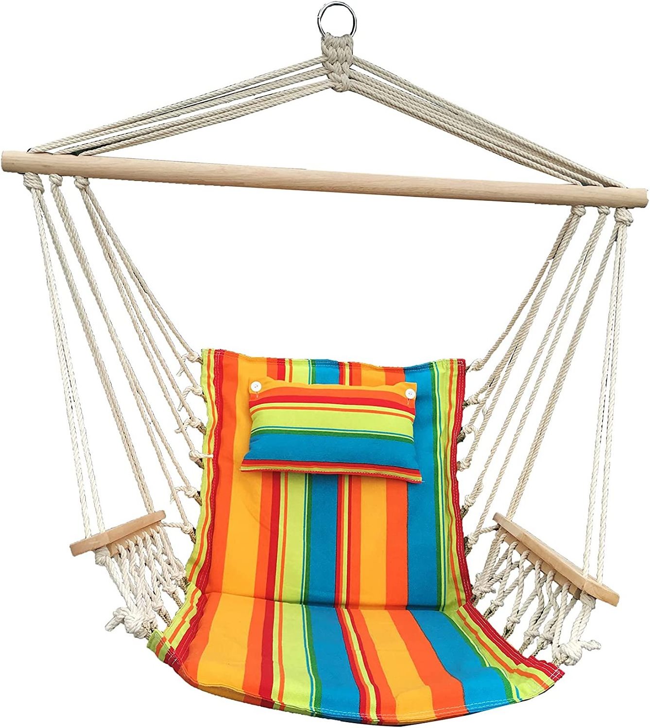 Hanging Rope Hammock Chair Hanging Single Seat Swing Chair with Wooden Armrest