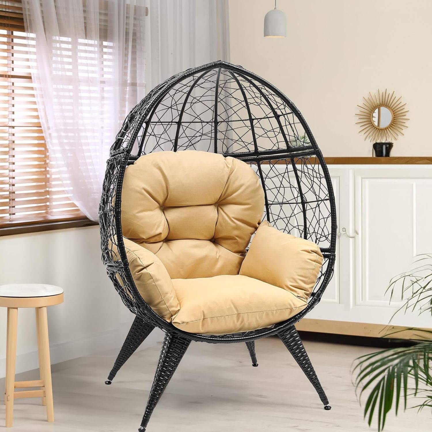 Outdoor Indoor  Wicker Egg Chair Oversized Large Lounger with Stand Cushion Egg Basket Chair