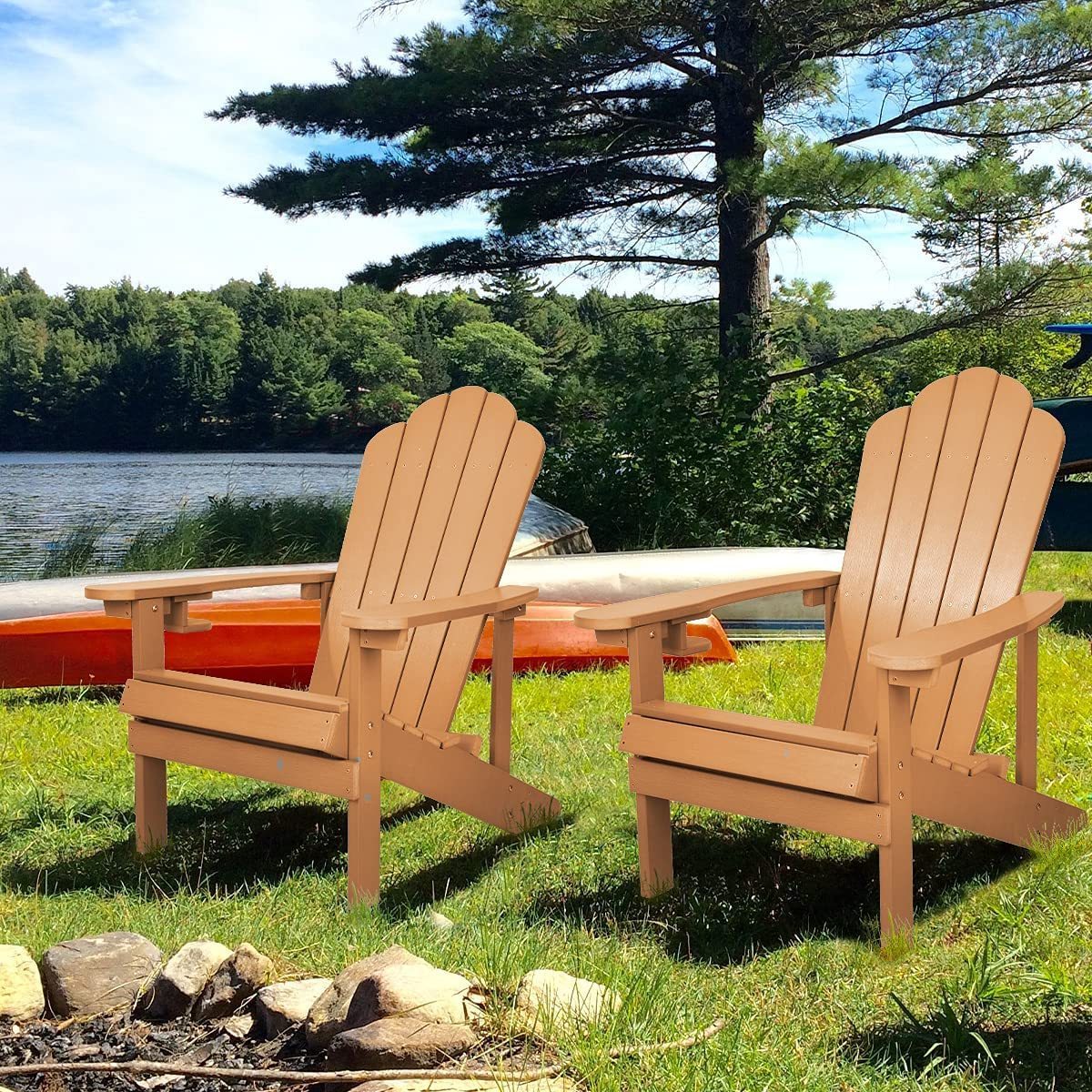 Modern Poly Classic Adirondack Chair with Cup Holder for Garden Backyard Deck