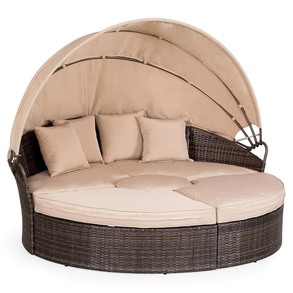 Patio Furniture Lawn Poolside Outdoor Wicker Rattan Round Daybed Garden Rattan Daybed Lounger With Retractable Canopy