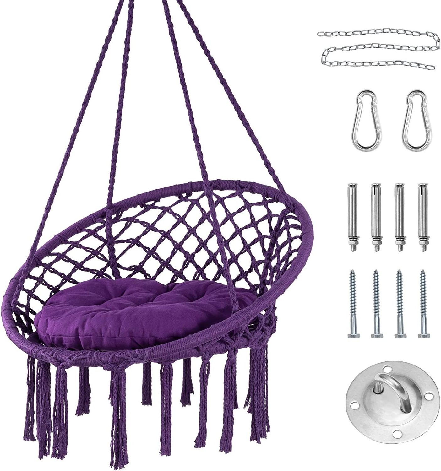 Hammock Macrame Hanging Swing Chair with Large Padded Cushion and Hardware Kit