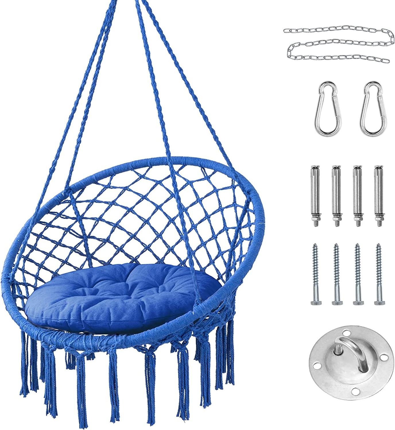 Hammock Macrame Hanging Swing Chair with Large Padded Cushion and Hardware Kit