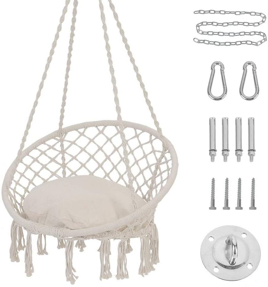 Hammock Macrame Hanging Swing Chair with Large Padded Cushion and Hardware Kit