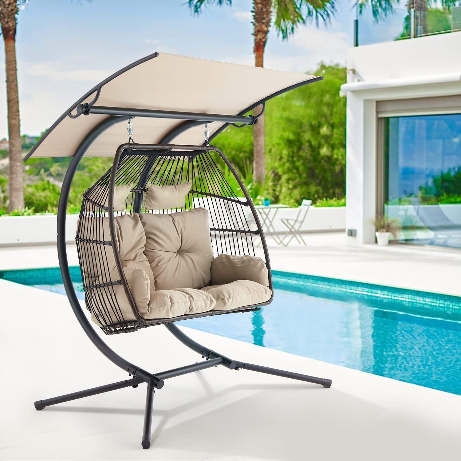 Outdoor Double Swing Egg Chair with Canopy 2 Person Hanging Chair Hand Made Rattan Wicker Hammock Chair with Stand BestSuppliers