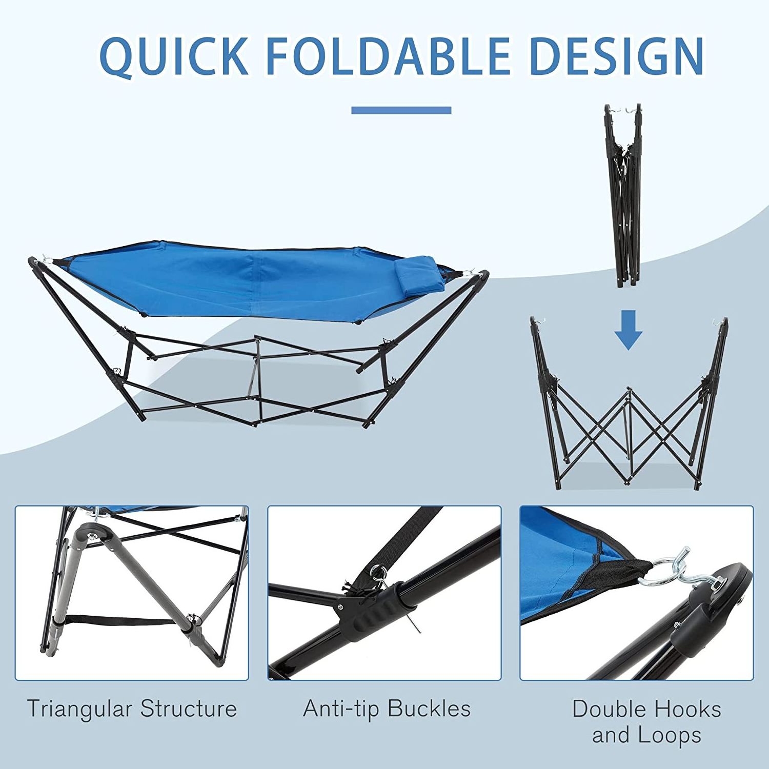 Portable Hammock with Stand Folding Lounge Camping Bed with Carry Bag for Outdoor Patio