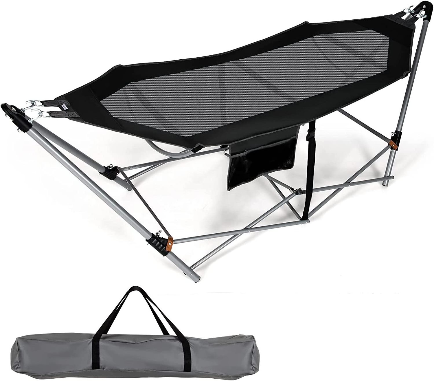 Easy Assemble Portable Folding Hammock Lounge Camping Bed with Hammock Stand with Side Pocket