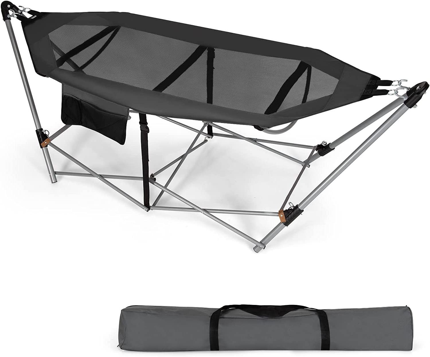 Easy Assemble Portable Folding Hammock Lounge Camping Bed with Hammock Stand with Side Pocket