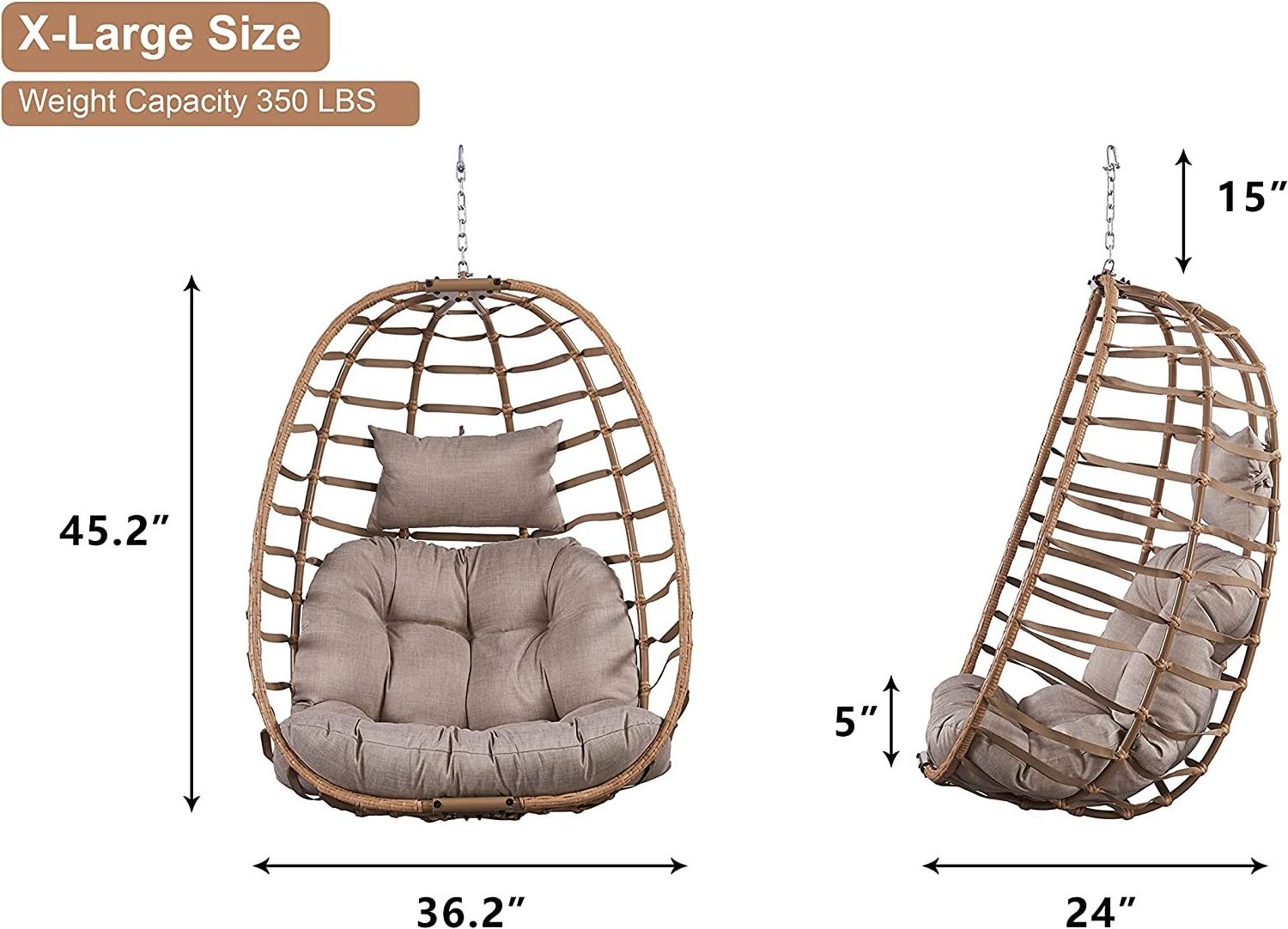 Hanging Egg Chair Without Stand Outdoor Egg  Swing Chair with  Cushion Wicker Rattan Swinging Egg Chair for Patio Garden