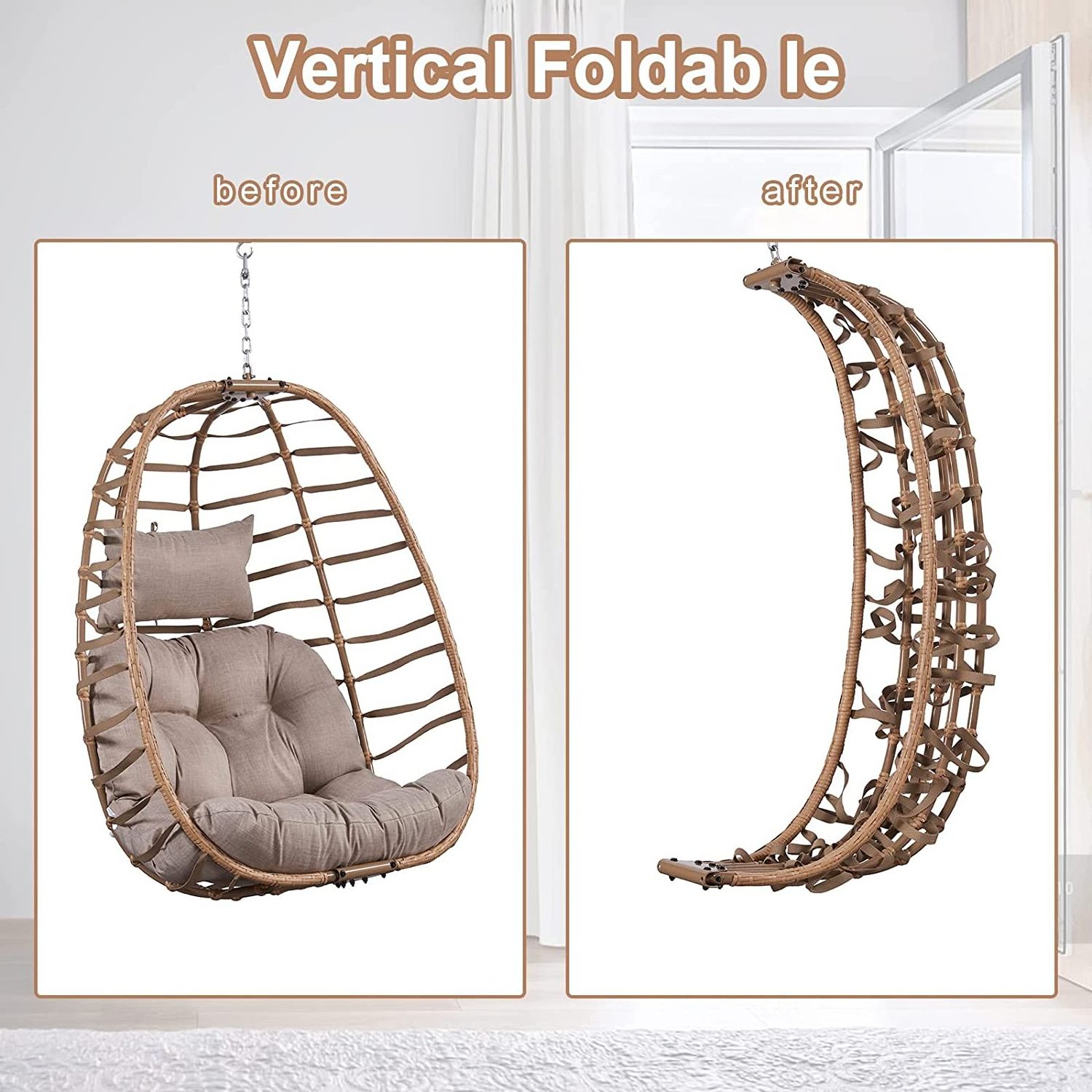 Hanging Egg Chair Without Stand Outdoor Egg  Swing Chair with  Cushion Wicker Rattan Swinging Egg Chair for Patio Garden