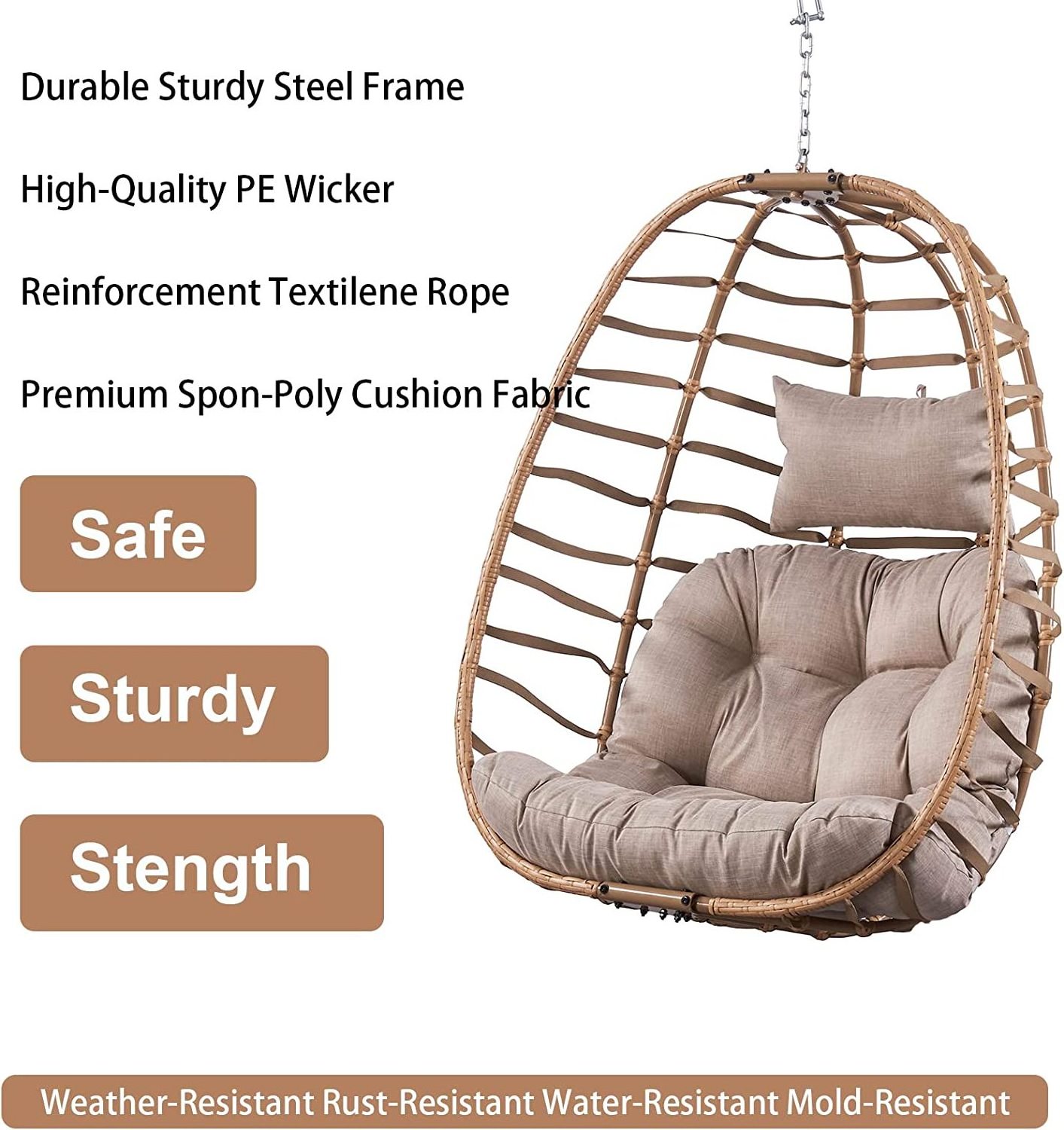 Hanging Egg Chair Without Stand Outdoor Egg  Swing Chair with  Cushion Wicker Rattan Swinging Egg Chair for Patio Garden