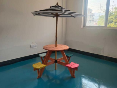 Kids Folding Picnic Table with Umbrella Foldable Wooden Kids Table and Benches for Crafting Eating Playing