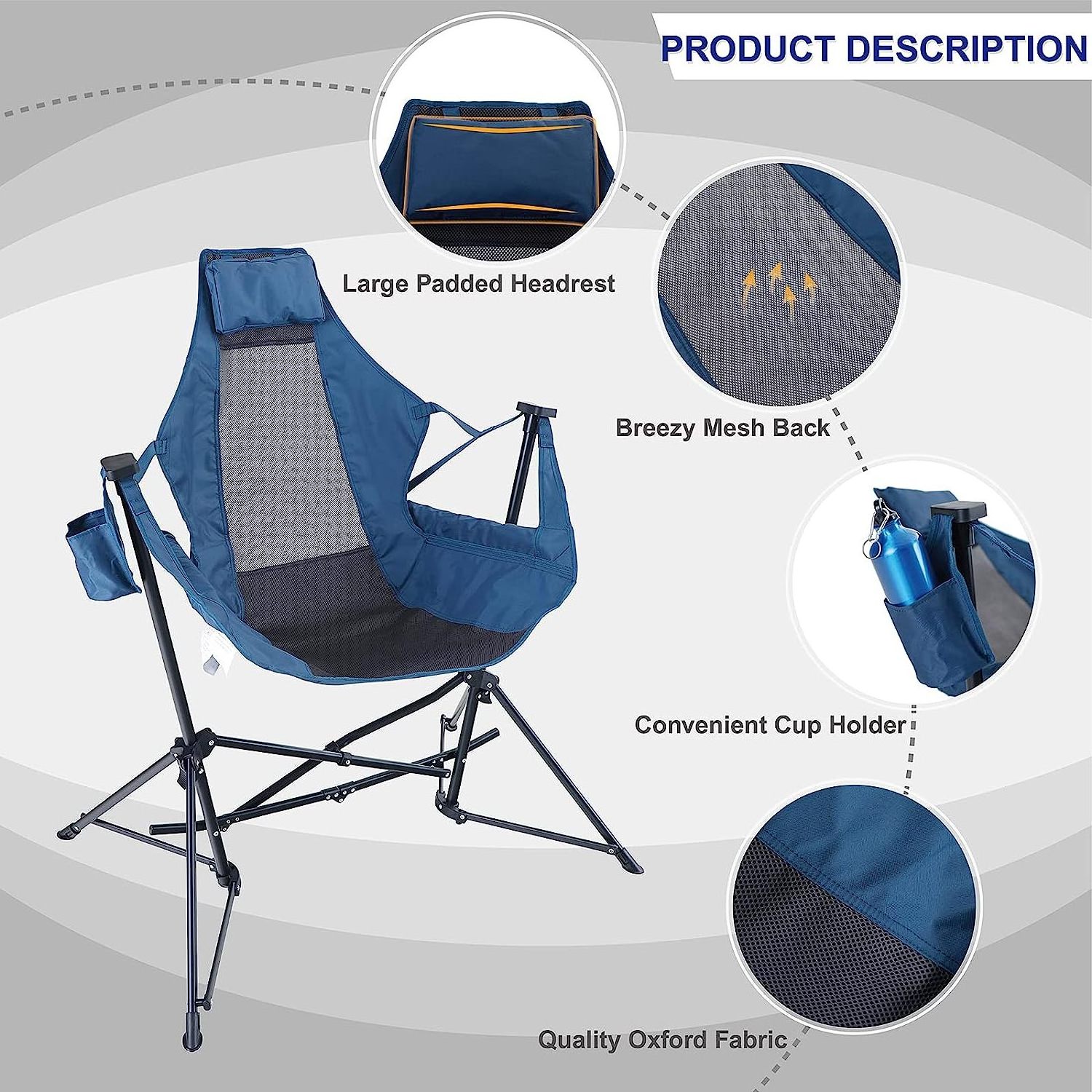 Portable Hammock Camping Chair Oversized Folding Rocking Chair with Headrest and Cup Holder for Travel