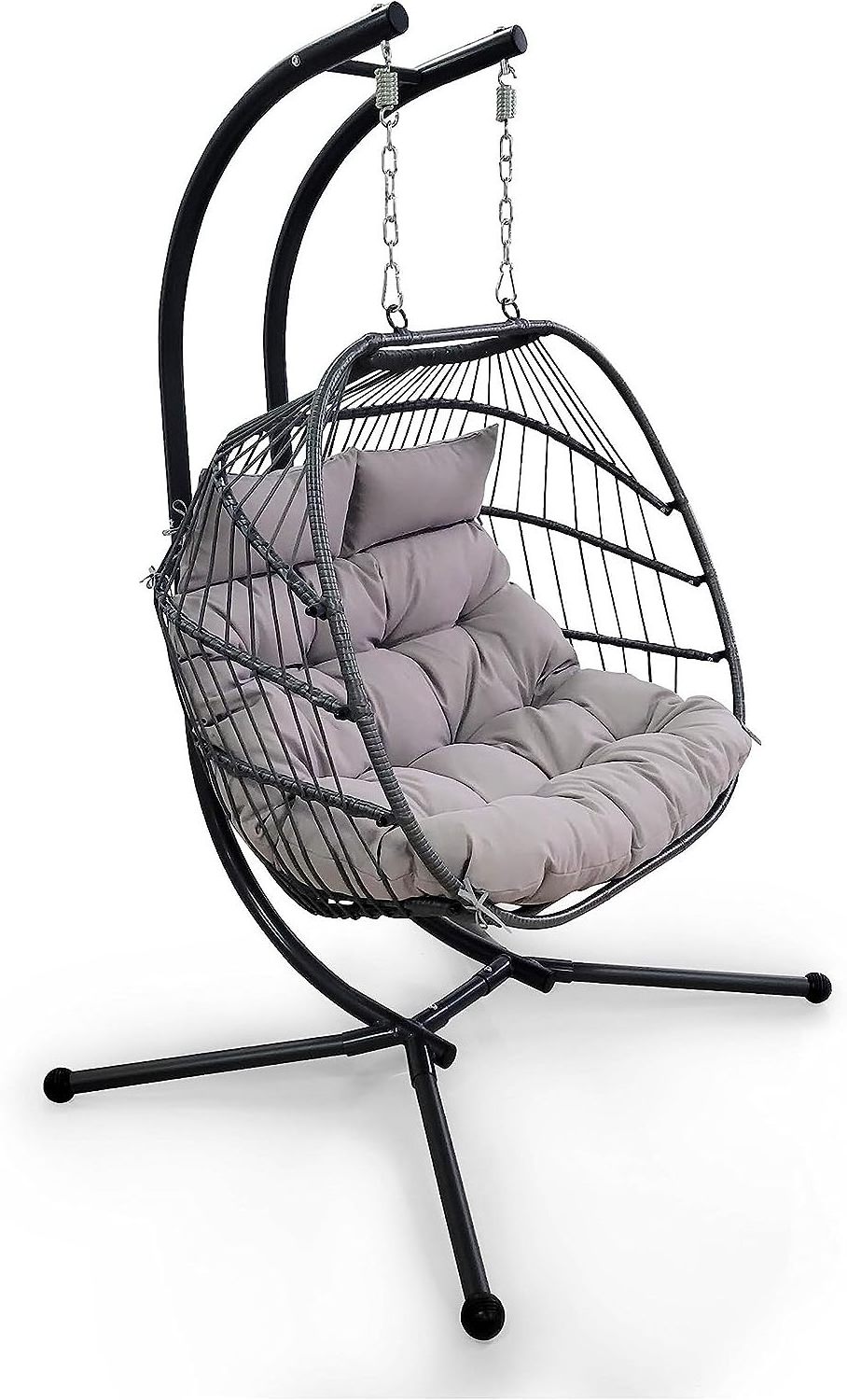 Woven Wicker Twin Size Hanging Basket Double Egg Chair Swing with Stand and Cushions