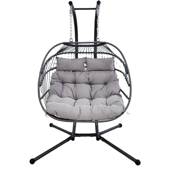 Woven Wicker Twin Size Hanging Basket Double Egg Chair Swing with Stand and Cushions