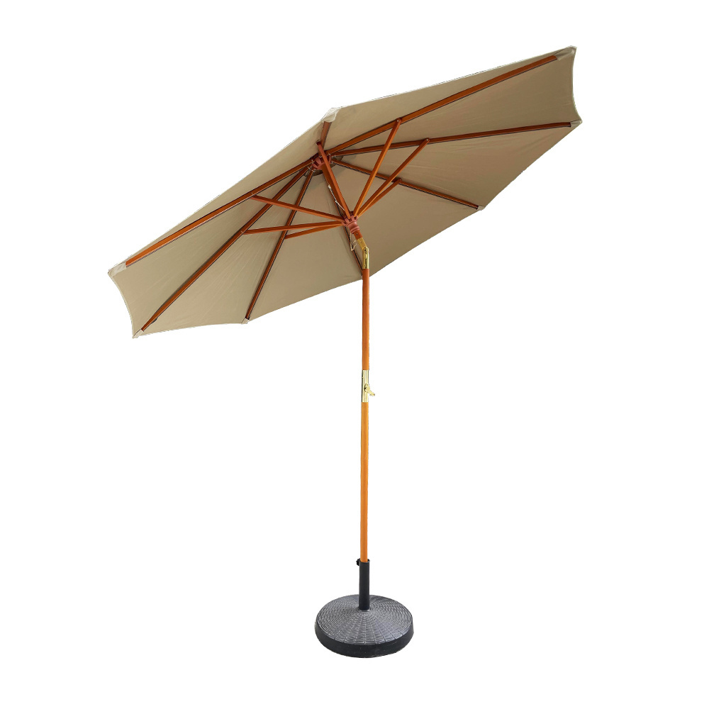 Solor Powered LED Light 10Ft Wooden Patio Umbrella Wooden Market Umbrella with Crank Tilt