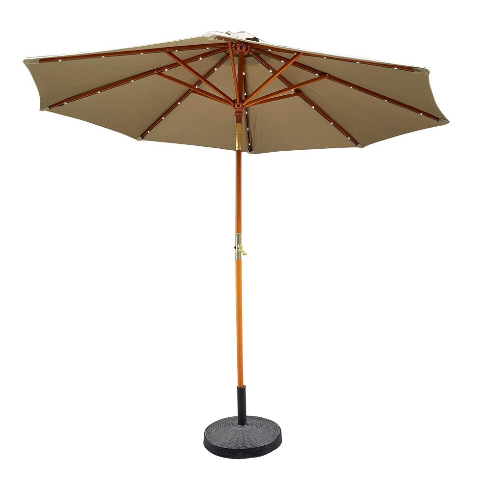 Solor Powered LED Light 10Ft Wooden Patio Umbrella Wooden Market Umbrella with Crank Tilt