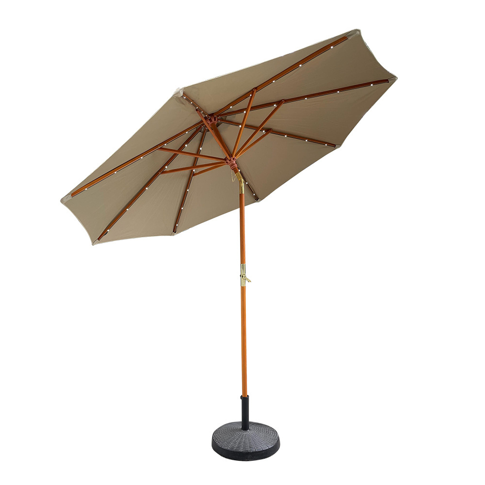 Solor Powered LED Light 10Ft Wooden Patio Umbrella Wooden Market Umbrella with Crank Tilt