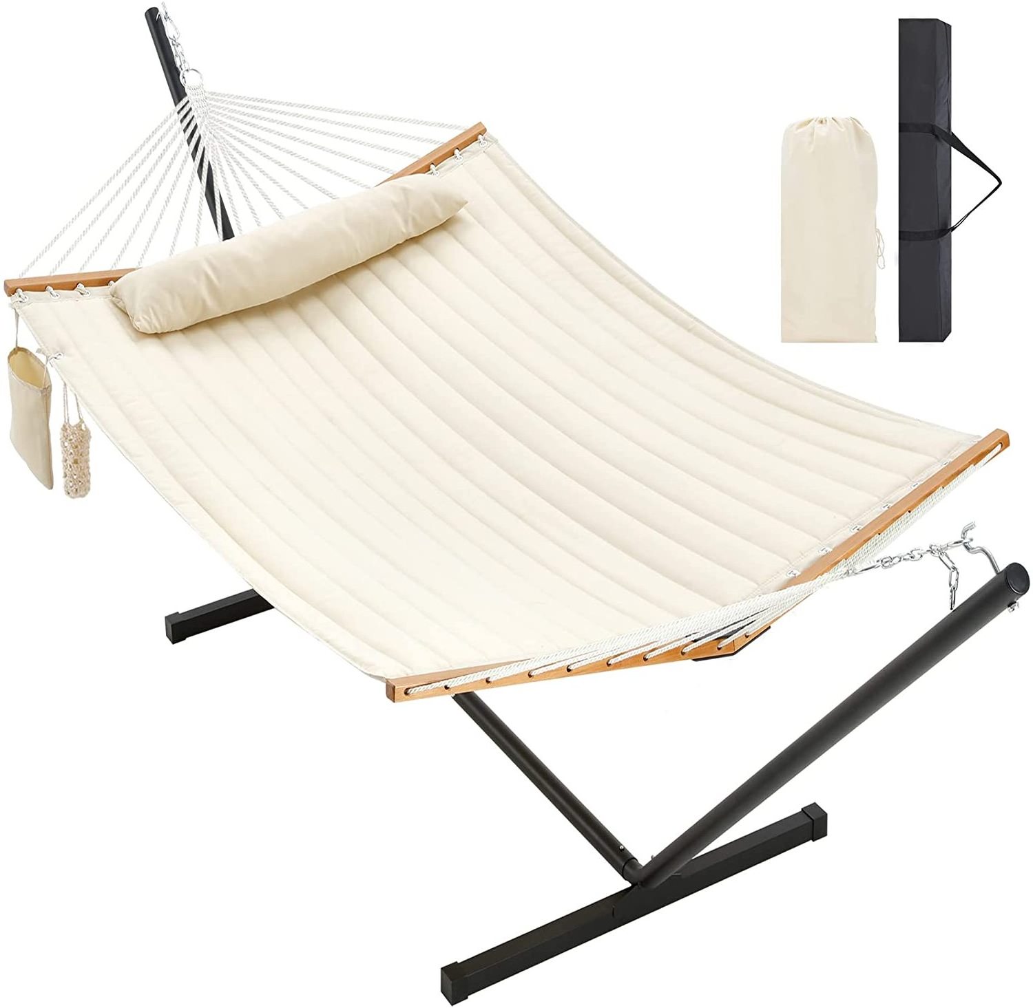 Two Person Outdoor Quilted Hammock with Wood Bar Portable Hammock Bed with Carry Bag