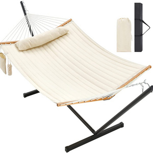 Two Person Outdoor Quilted Hammock with Wood Bar Portable Hammock Bed with Carry Bag